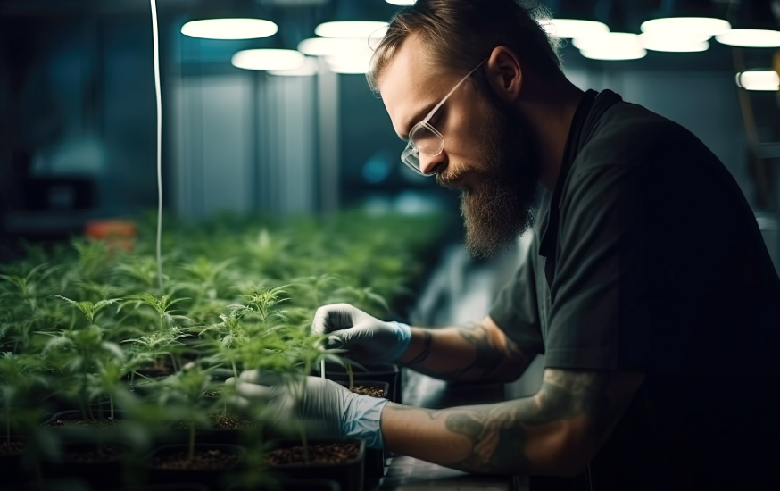 man examining marijuana plants