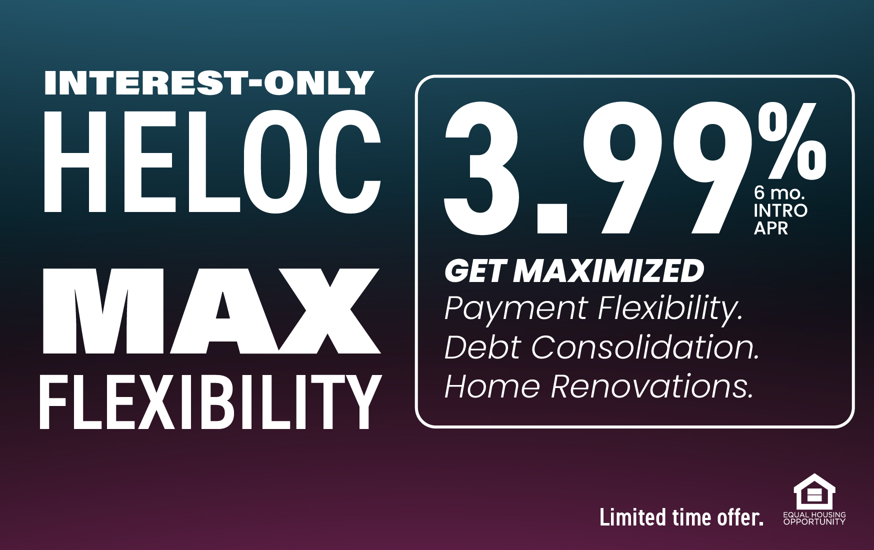 Limited time 3.99% 6-month Introductory APR Interest-Only HELOC promotion