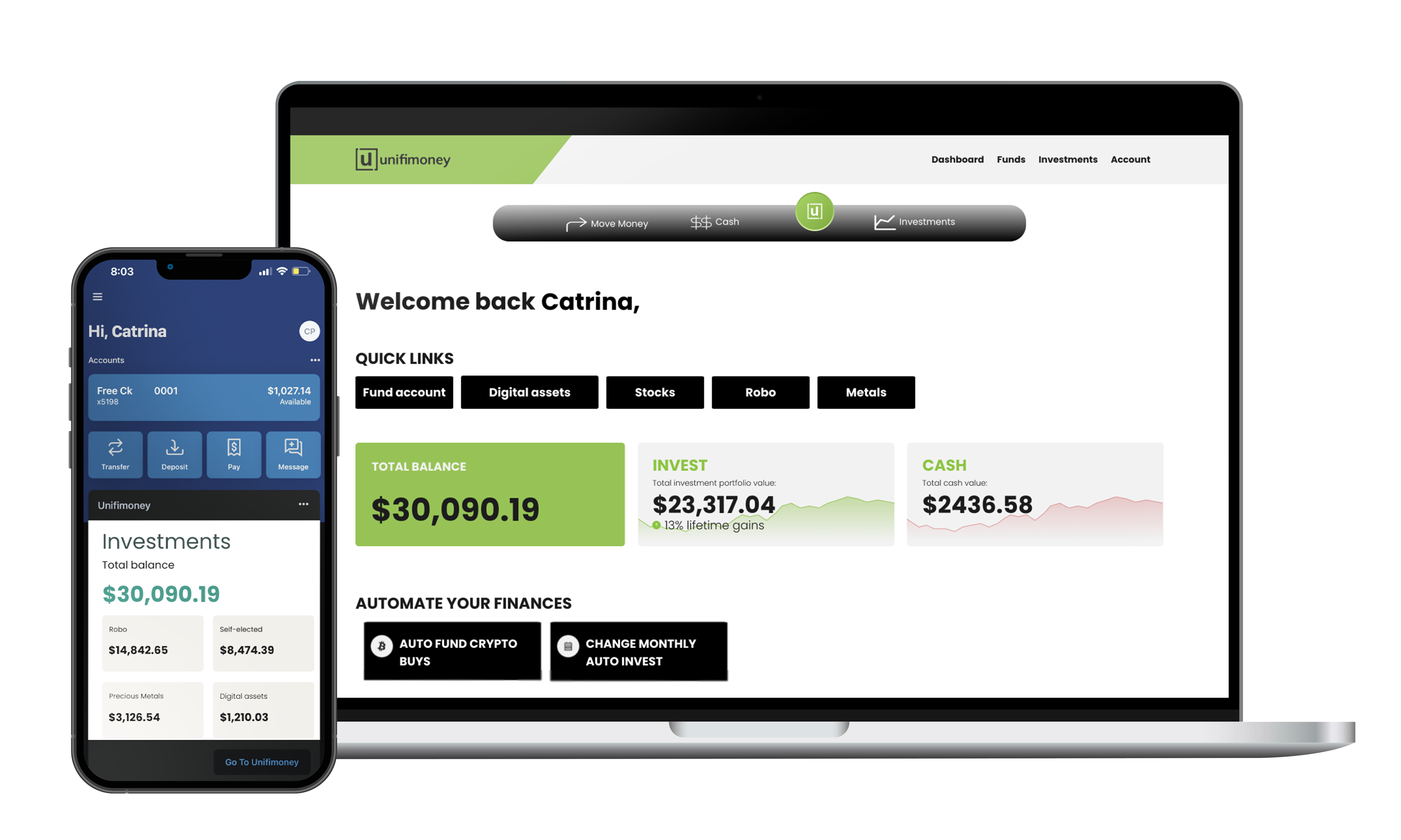 example screenshot of Unifimoney program on a laptop and mobile phone